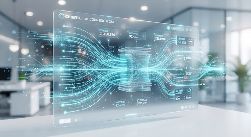 Abstract 3D visualization of financial data flowing through a glass-like interface