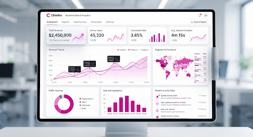 High-fidelity business analytics dashboard with radiant magenta line charts and glassmorphism UI elements