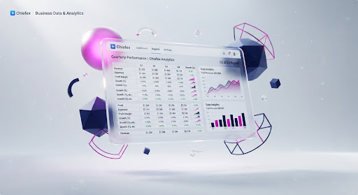 Minimalist 3D rendering of a spreadsheet report floating amid abstract geometric shapes