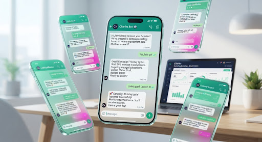 Floating mobile chat interfaces showing WhatsApp message threads with automated bot responses
