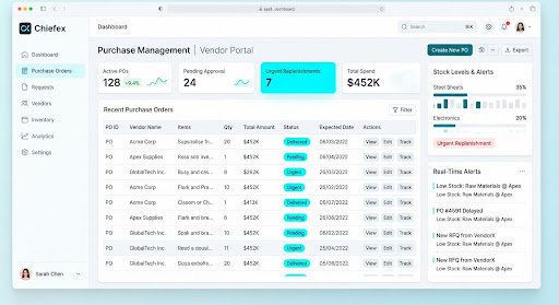 Procurement dashboard showing vendor portal, purchase orders and stock replenishment alerts
